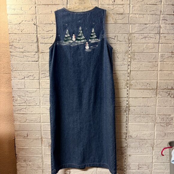 Karin Stevens Vintage Denim Jumper Dress – Snowman & Christmas Tree Print – 8 - Picture 7 of 9
